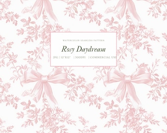 Blush Pink Bow Toile Seamless Pattern, Vintage Ribbon Rose Digital Paper, Coquette Floral Pastel Pattern, Nursery Wallpaper, Fabric Print