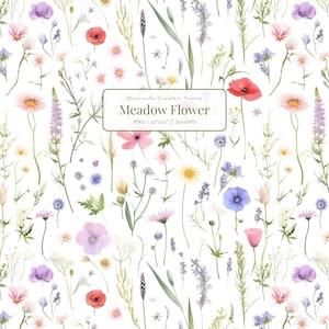 May include: A seamless pattern of watercolour meadow flowers including red poppies, purple lavender, yellow daisies, and pink cosmos on a white background. A central text box reads: Watercolor Seamless Pattern Meadow Flower PNG | 12"x12" | 300DPI.