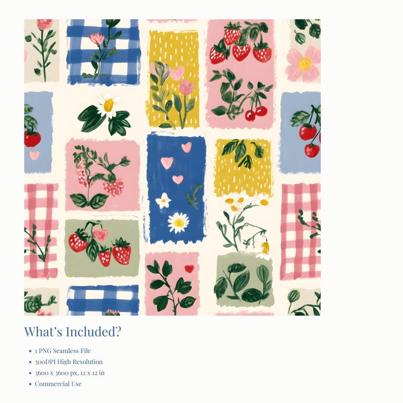 May include: A seamless pattern featuring colorful rectangular blocks with floral and fruit illustrations. The blocks include strawberries, cherries, flowers, and gingham patterns in pink, blue, yellow, and green. The pattern is 12 x 12 inches.