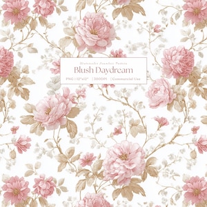 Blush Peony Rose Seamless Pattern, Vintage Floral Vine Pattern, Romantic Digital Paper, Cottage Garden Flowers, French Floral Fabric Design