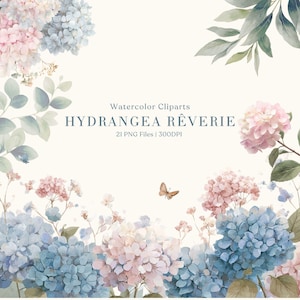 Pode incluir: Cliparts em aquarela com flores de hortênsia rosa e azul, folhas verdes e uma borboleta. O texto "HYDRANGEA RÊVERIE" e "21 PNG Files | 300DPI" estão presentes. Design floral.