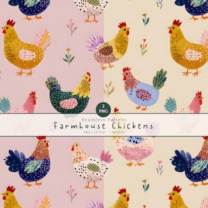 Modèle sans couture de poulet coloré, impression de poule de ferme fantaisiste, papier peint cottagecore rose, papier numérique animaux de la ferme, conception de tissu pour enfants