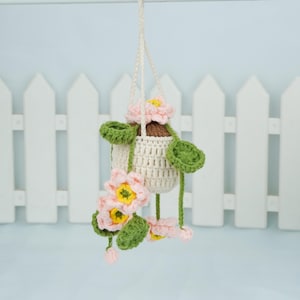 Handmade Crochet Lotus Plant Car Hanging, Crochet Flowers Basket Car Mirror Hanging , Crochet Gift for Mom, Plants Lover Gift