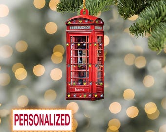 Red London Telephone Booth Tree Ornament, Piggy Bank Decor, London England Ornament, 2D Flat British Christmas Tree Ornament ID-0910-DKQF