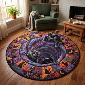 Magical Black Cats Vortex Illusion Round Quilted Carpet, Spooky Halloween Floor Mat, Purple Witchy Decor Creepy For Pet Fans HA03-HE22-02