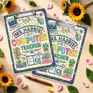 May include: Two rectangular clipboards featuring a colorful, glittery design with the text "MS. HARRIS COMPUTER TEACHER." The graphics include a laptop, computer mouse, a stack of books labeled coding, robotics, and tech, and a potted plant.