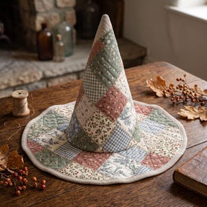 May include: A conical hat constructed from quilted fabric patches featuring various floral, gingham, and toile patterns in muted shades of sage green, dusty rose, and light blue, finished with a solid light beige fabric trim along the circular brim.