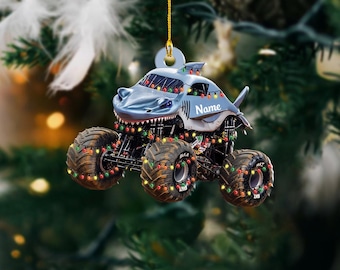 Personalized Shark Monster Truck Christmas Ornament, Custom Name Off-Road Car Xmas Tree Decoration, Gift for Boys Truck Lovers ID-0807-FLS7