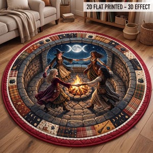 May include: A round area rug featuring a 2D flat printed 3D effect design of four people dancing around a central campfire within a stone circle. The border displays a patchwork pattern of plaid, moons, cauldrons, and brooms on a dark background.