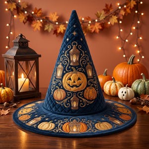 May include: A dark blue quilted witch hat featuring embroidered gold-toned designs of glowing lanterns and pumpkins. The cone-shaped hat has a wide brim and is decorated with intricate scrollwork patterns, showcasing a festive autumn theme.