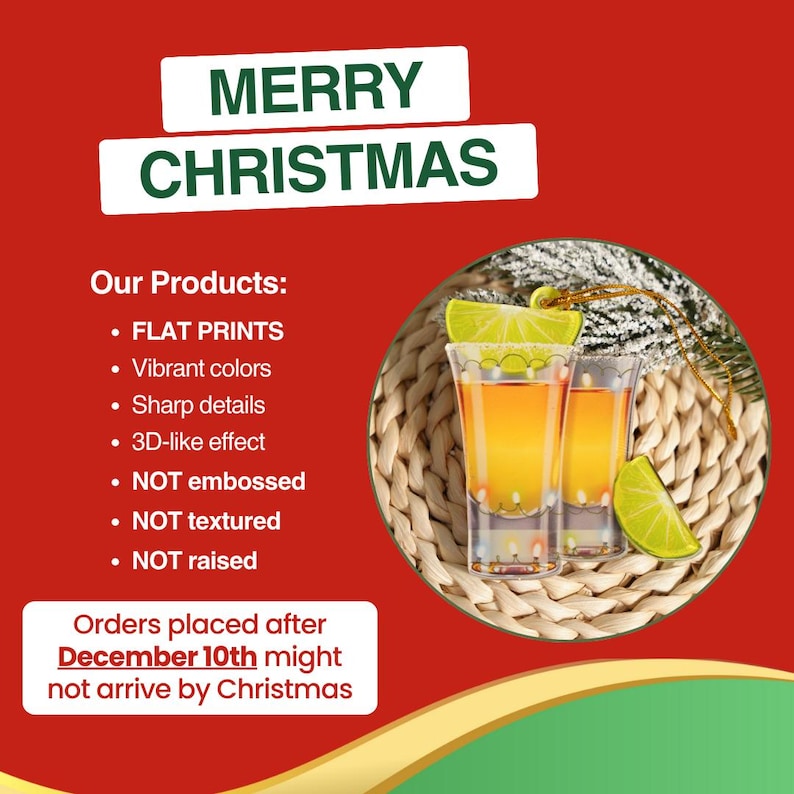 May include: A festive image with the text "MERRY CHRISTMAS." Two shot glasses filled with an orange liquid and lime wedges are displayed. The image also includes a list of product features and a holiday shipping notice.