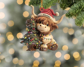 Personalized Highland Cow Christmas Ornament, Highland Cow Ornament Hanging, Funny Cattle Ornament, Highland Cow Lovers Gift TD-0808-VVAU
