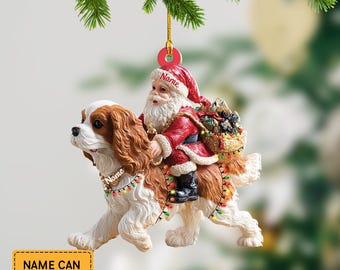 Santa Riding Cavalier King Charles Spaniel Ornament – Realistic Dog Christmas Decoration, Funny Santa Claus Pet Lover Gift ID-1002-VPCH
