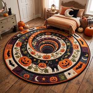 May include: A large round rug featuring a spiral optical illusion design with orange pumpkins, black cats, bats, stars, and crescent moons. The quilt-style floor covering uses a color palette of orange, black, cream, and purple in a repeating pattern.