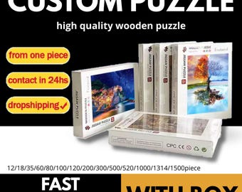 Op de afbeelding: Op maat gemaakte houten legpuzzels met verschillende aantallen stukjes, van 12 tot 1500 stukjes. De dozen bevatten kleurrijke afbeeldingen en de tekst "Jigsaw Puzzle". De afbeelding bevat ook de tekst "Custom Puzzle", "high quality wooden puzzle", "from one piece", "contact in 24hs", "dropshipping", "Fast Shipping" en "With Box".