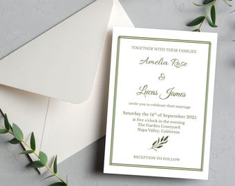 Invitación de boda editable / Diseño minimalista de follaje verde / Acceso instantáneo