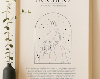 以下が含まれることがあります： 「SCORPIO」と「10月23日～11月21日」のテキストが入った、蠍座の星座が描かれた額入りのプリント。アートワークには、女性とサソリの線画と、蠍座の特性を説明するテキストが含まれています。