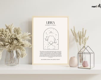 May include: A framed Libra zodiac art print with a minimalist line drawing of a woman with scales, stars, and the text "LIBRA". The print is in a light beige frame and is displayed with decorative vases and dried plants.