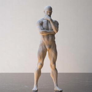 May include: A light grey sculpture of a nude figure in a thoughtful pose. The figure stands with one hand on the chin and the other arm crossed. The sculpture has a geometric, faceted design.