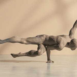 May include: A grey, geometric sculpture of a person in a yoga pose. The figure is balanced on one hand, with one leg extended and the other bent. The other arm is raised. The sculpture has a low-poly design.