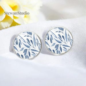 Chic Stainless Steel Earrings, Blue Leaf Pattern Stud Earrings, Minimalist Elegant Accessory, Unique Jewelry for Women