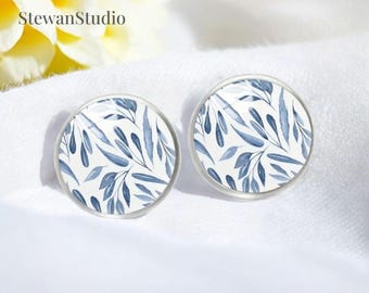 Chic Stainless Steel Earrings, Blue Leaf Pattern Stud Earrings, Elegant Minimalist Accessory, Unique Jewelry for Women
