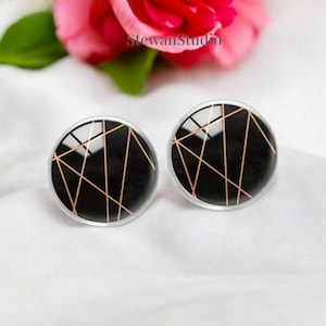 Stainless Steel Round Stud Earrings, Black Stud Earrings with Gold Lines Design, Chic and Elegant, Perfect for Gift