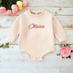Custom Organic Cotton Baby Sweater Romper, Personalized Name Embroidered Baby Outfit, Apricot Pink Blue Knitwear, Unique Newborn Gift Idea