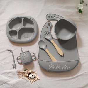 Personalized Baby Silicone Feeding Set, Custom Engraved Bib, Bowl, Plate, Cup, Spoon, Fork, A Unique Gift and Perfect Gift Set for Babies
