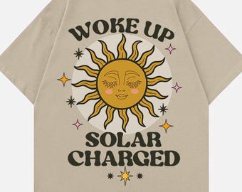 Woke Up Solar Charged Sun-Inspired Mens Tshirt Solar Charged Shirt Hangout Day Shirt for Summer Vacation Morning Tee Gifts for Sun Lovers