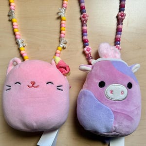 Squishmallow Kandi Necklace Cow Cat Bunny Bows Flowers Pastel Pink Blue Yellow Orange Magenta Patty Wilka Cute Plush Scene Rave