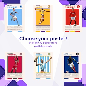 Sports Star Poster | Pick any print from store! | Football, soccer, nba, basketball, Lebron james, Messi, Ronaldo, Jordan | A2 DIGITAL PRINT