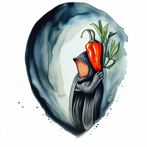 May include: A watercolor painting of a hooded figure holding a red pepper in front of their face. The figure is surrounded by a dark blue and gray watercolor background.