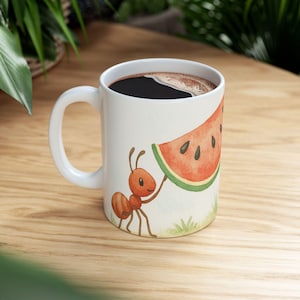 Taza de hormiga y sandía, taza de café con insectos de acuarela, taza de cerámica de 325 ml y 433 ml, regalo para amantes de la naturaleza, vasos POD