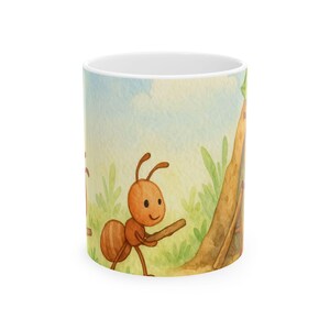 Taza de acuarela con una adorable hormiga de dibujos animados, taza de cerámica inspirada en la naturaleza, 325 ml y 433 ml, regalo perfecto para los amantes de las hormigas.