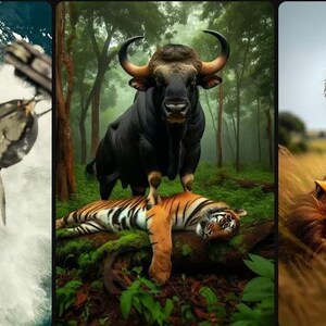 May include: A triptych of wildlife images. A great white shark with open jaws in the ocean. A black bull stands over a tiger in a forest. A tiger roars over a lion in the savanna.