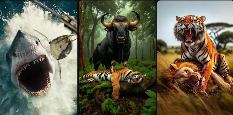 May include: A triptych of wildlife images. A great white shark with open jaws in the ocean. A black bull stands over a tiger in a forest. A tiger roars over a lion in the savanna.