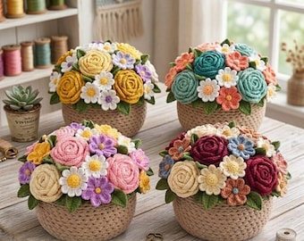 Crochet Flower Basket Pattern | Roses, Daisies, Violets Amigurumi (PDF Download)
