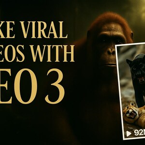 May include: Image promoting video content creation. The text "MAKE VIRAL VIDEOS WITH VEO 3" is displayed in gold against a dark background. A framed image shows a black panther over a cougar. The YouTube play button and the number 92M are visible.