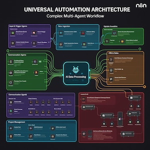 May include: Diagram of a universal automation architecture with a complex multi-agent workflow. The graphic includes text boxes with titles like "Impel & Trigger Agents," "Data Injection," and "CRN & Sales," connected by green and orange lines, all against a dark background.