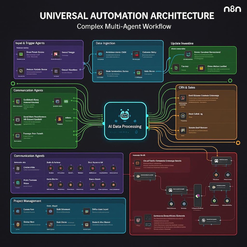 May include: Diagram of a universal automation architecture with a complex multi-agent workflow. The graphic includes text boxes with titles like "Impel & Trigger Agents," "Data Injection," and "CRN & Sales," connected by green and orange lines, all against a dark background.