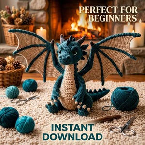 May include: A crocheted dragon with teal and tan accents, wings spread, sits on a textured rug. Teal yarn balls, scissors, and a crochet hook are nearby. Text reads "PERFECT FOR BEGINNERS" and "INSTANT DOWNLOAD".