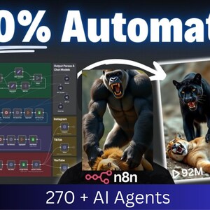 May include: A promotional image with the text "100% Automated" and "270 + AI Agents." It features a diagram of a workflow and images of a gorilla and a black panther. Social media icons for YouTube, TikTok, and Instagram are also present.