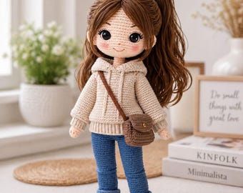 Patrón de ganchillo para muñeca amigurumi moderna en PDF, patrón de ganchillo para muñeca de niña, patrón de ganchillo para peluche, muñeca amigurumi DIY, descarga digital