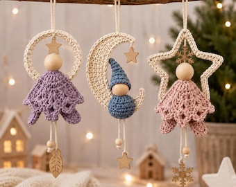 Patrón de adorno navideño de ganchillo en PDF / Adornos de ángel, gnomo, luna y estrella / Decoración para el árbol de Navidad / Patrón rústico de ganchillo navideño