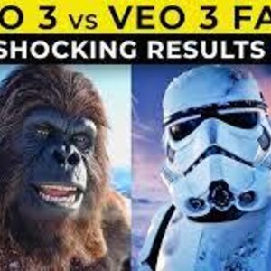May include: A split image comparing a gorilla and a Stormtrooper. The gorilla is brown and black with a stern expression. The Stormtrooper is in a white helmet and armor. The text at the top reads "VEO 3 vs VEO 3 FAST SHOCKING RESULTS!"