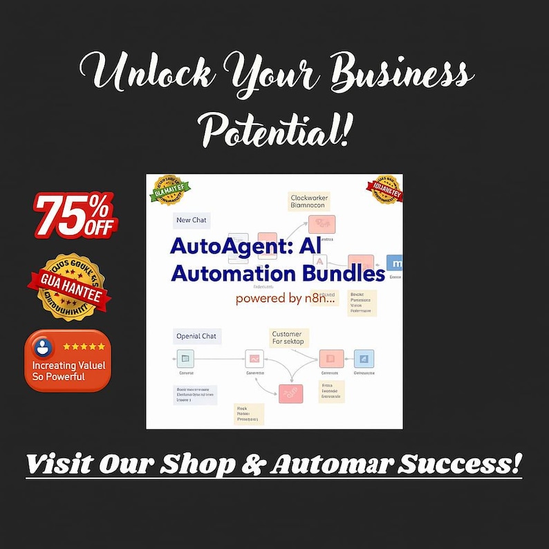 May include: Image promoting "AutoAgent: AI Automation Bundles" with a diagram, text, and discount offers. The text reads "Unlock Your Business Potential!" and "Visit Our Shop & Automar Success!"