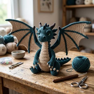 Pode incluir: Um dragão de crochê feito à mão em verde-azulado e bege. O dragão tem asas grandes, pequenos chifres e olhos verdes. Está sentado numa mesa de madeira com fio, tesouras e uma agulha de crochê. Uma criação charmosa.