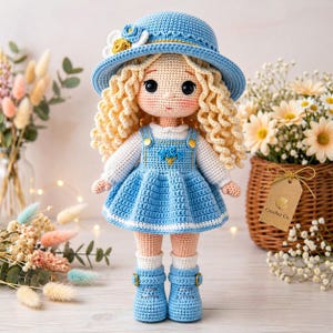 Könnte beinhalten: Handgefertigte Häkelpuppe mit blonden Locken, gekleidet in einem blauen Kleid, Hut und Stiefeln. Die Puppe hat ein weißes Hemd und Socken. Sie steht vor einem Blumenkorb und einer Vase mit Trockenblumen. Ein charmantes handgemachtes Produkt.