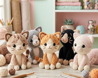 Handmade Crochet Cat Plush Pattern – Digital Amigurumi PDF Tutorial, Soft Yarn Toy DIY